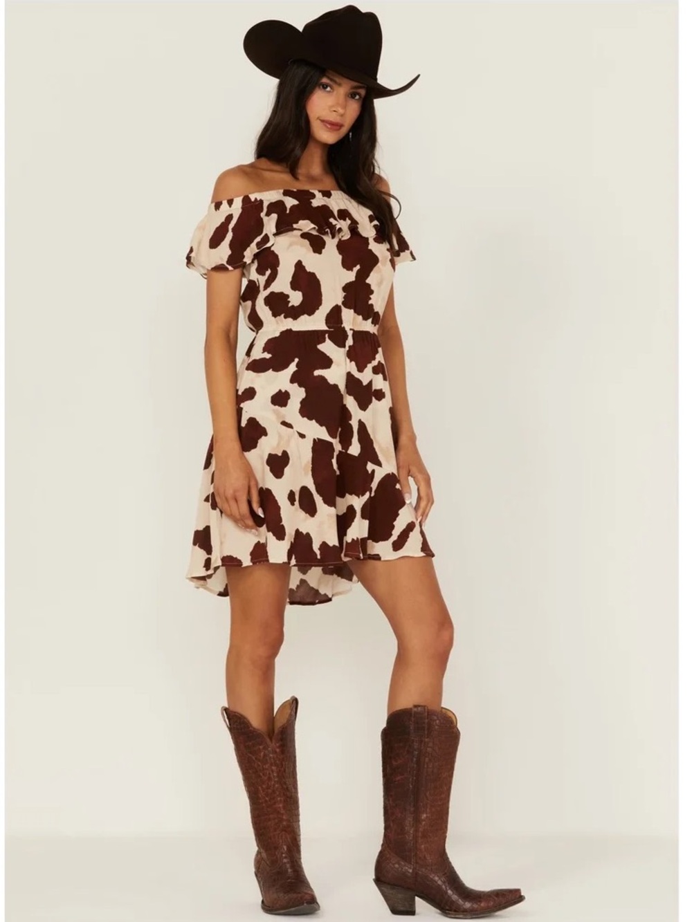 Idyllwind mini dress cow print Made For This Off-Shoulder ruffle neutral western - Picture 3 of 8